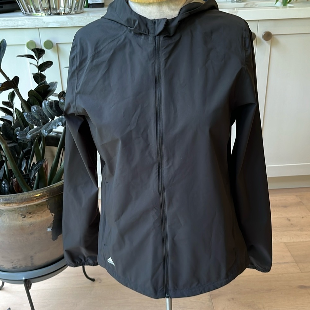 EUC black Adidas hooded front zip sealed seam rain jacket